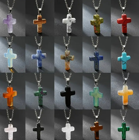 Natural Stone Cross Gemstone Pendant Necklace