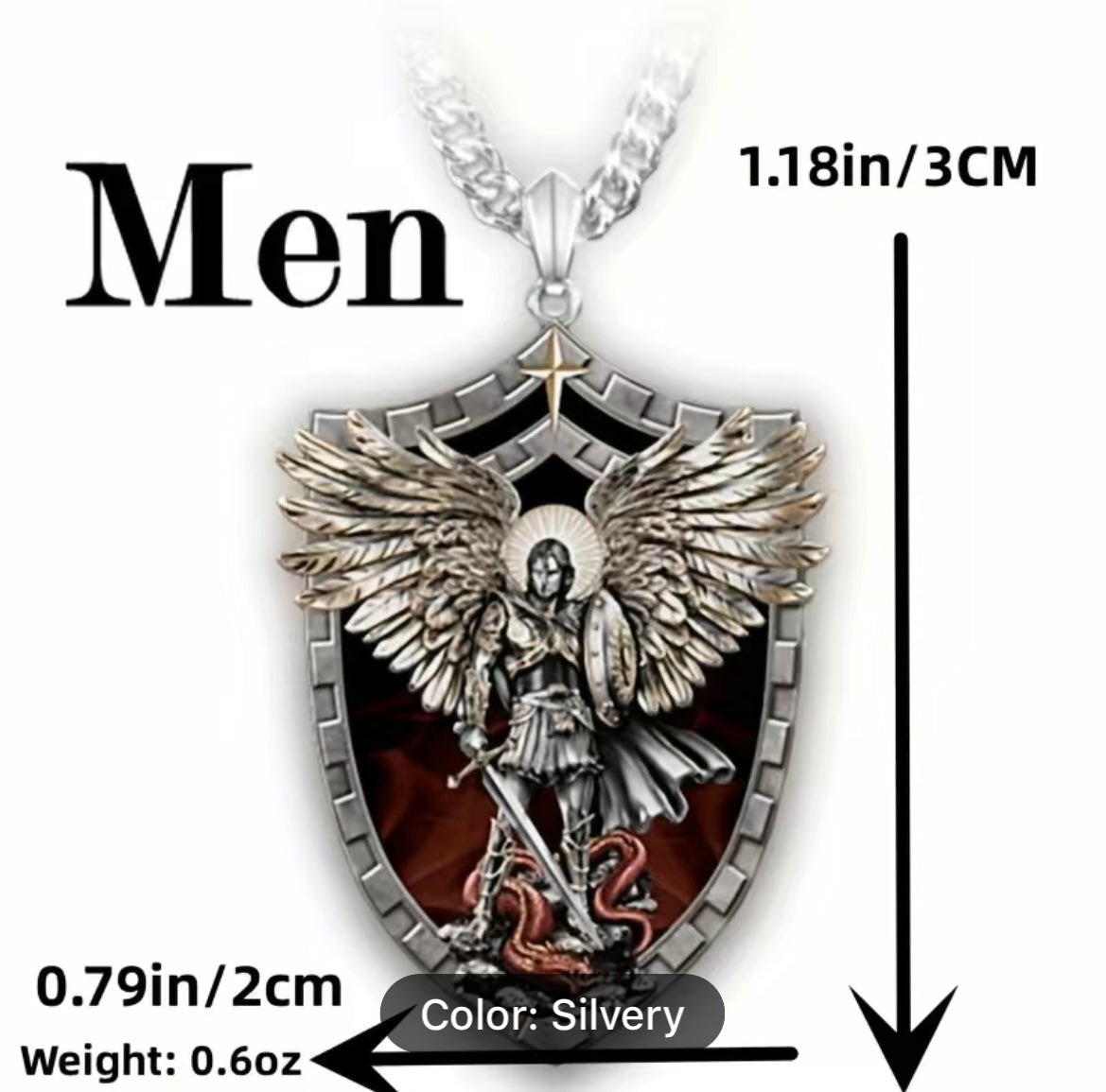 Stainless steel pendant and chain featuring a religious Saint Michael.