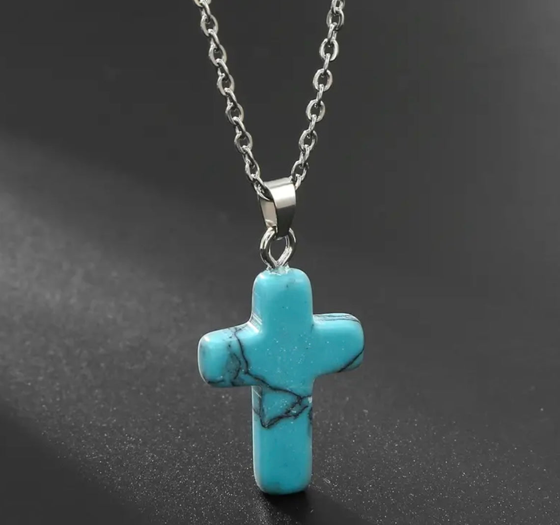 Natural Stone Cross Gemstone Pendant Necklace