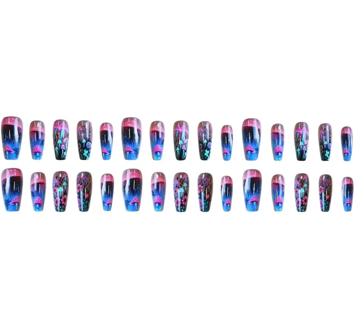 30pcs Monina Press on Nails Whimsical Mushroom & Floral Design Glossy Neon Blue and Pink