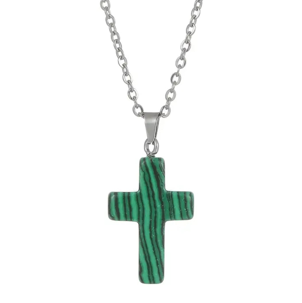 Natural Stone Cross Gemstone Pendant Necklace