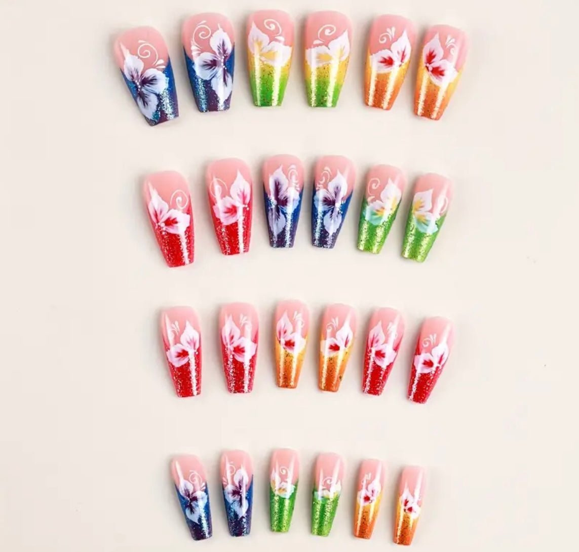 96 pcs (4 Packs) Floral Press on Nails With Rhinestones, med Ballet Shape With a Glossy Finish