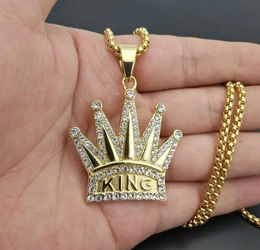 Golden Faux Diamond King Crown Pendant Necklace Men’s Custom Costume Jewelry