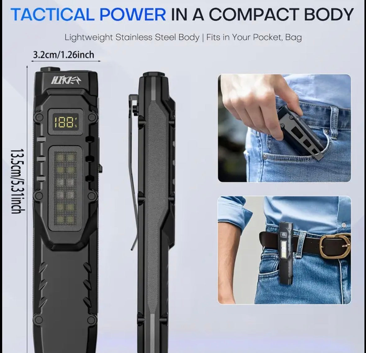 Tactical Flashlight 1600LUMEN Rechargeable LED Flat Flashlight With Clamp and Digital Display
