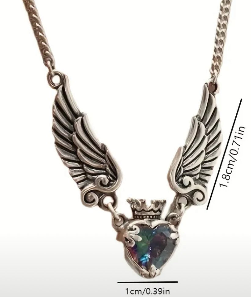 Vintage Distressed Aurora Love Crown Angel Demon Wings Pendant Necklace Female Light Luxury