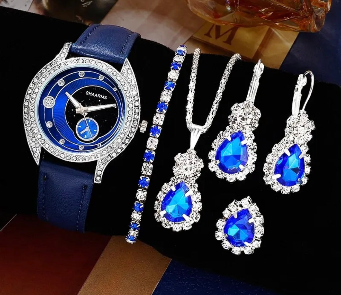 Luxury Fashion Jewelry Set 1 Watch 1 Ring 1 Pair of Earrings 1 Necklace and Pendant and 1 Bracelet Great Gift Set