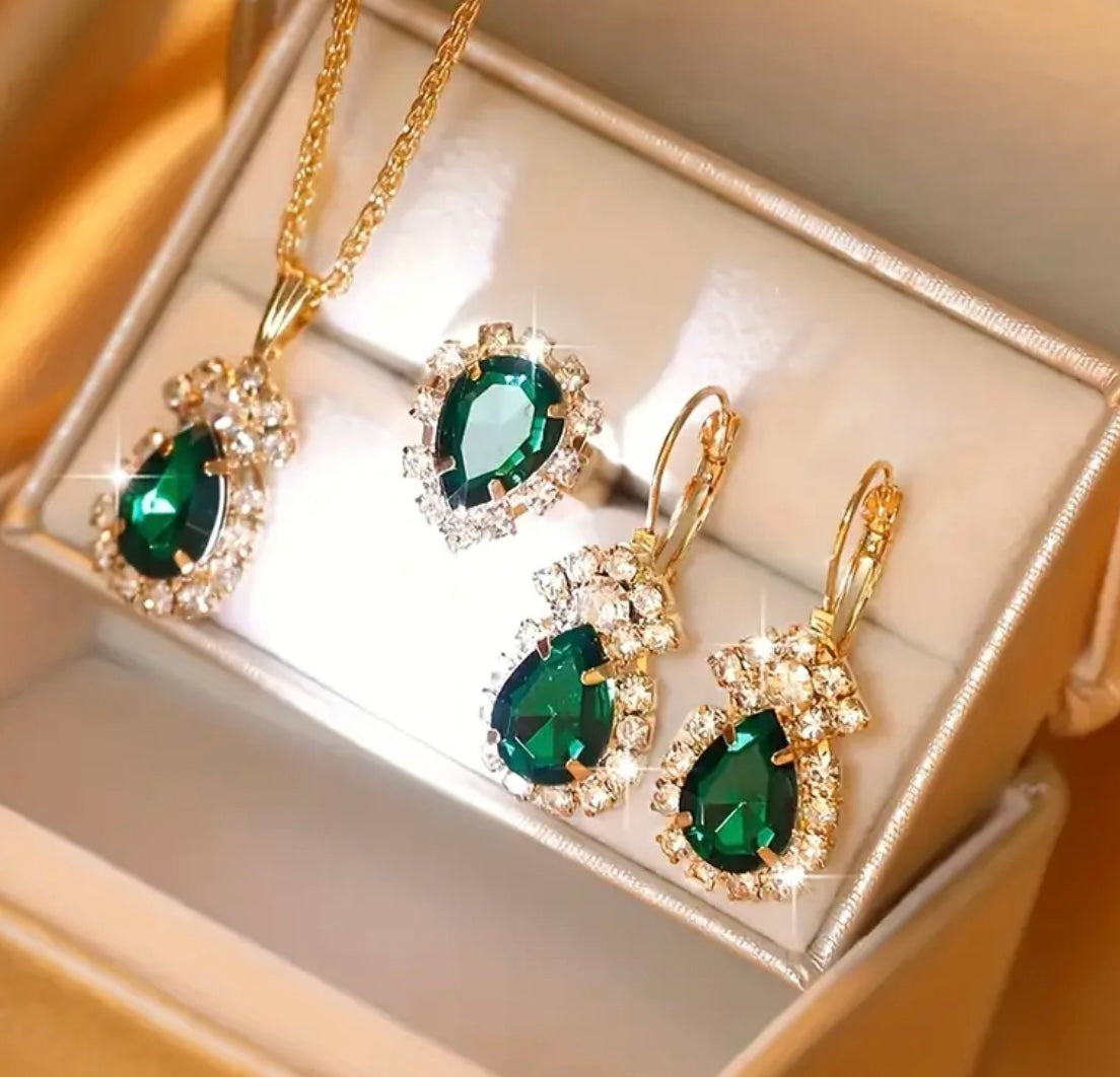 Luxury Elegant 4 Piece Jewelry Set Drip Emerald With Rhinestones Women’s Necklace, Matching earrings, and Ring