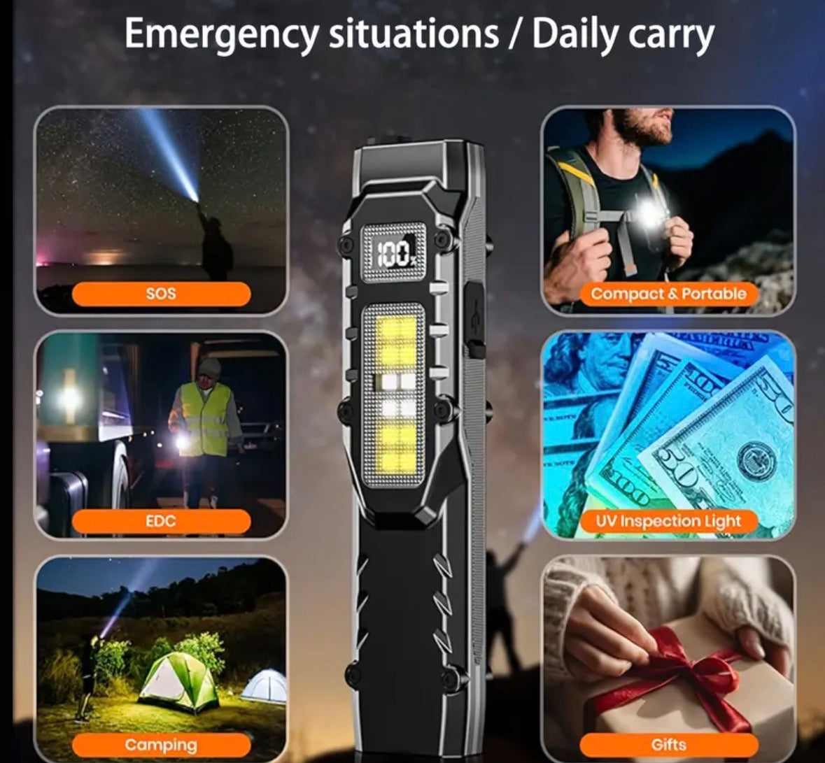 Tactical Flashlight 1600LUMEN Rechargeable LED Flat Flashlight With Clamp and Digital Display