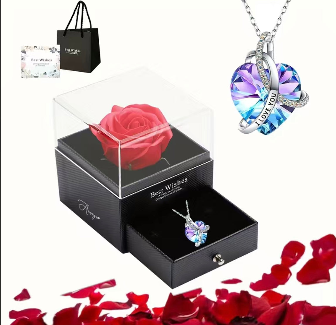 Present a rose to a couple with a concealed necklace nestled within the pullout drawer