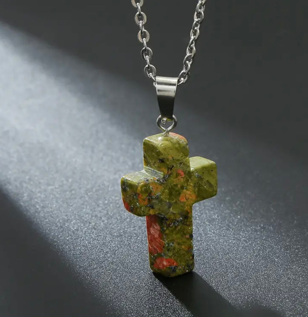 Natural Stone Cross Gemstone Pendant Necklace