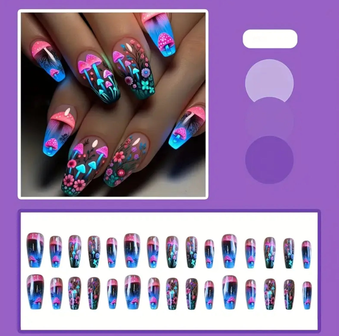 30pcs Monina Press on Nails Whimsical Mushroom & Floral Design Glossy Neon Blue and Pink