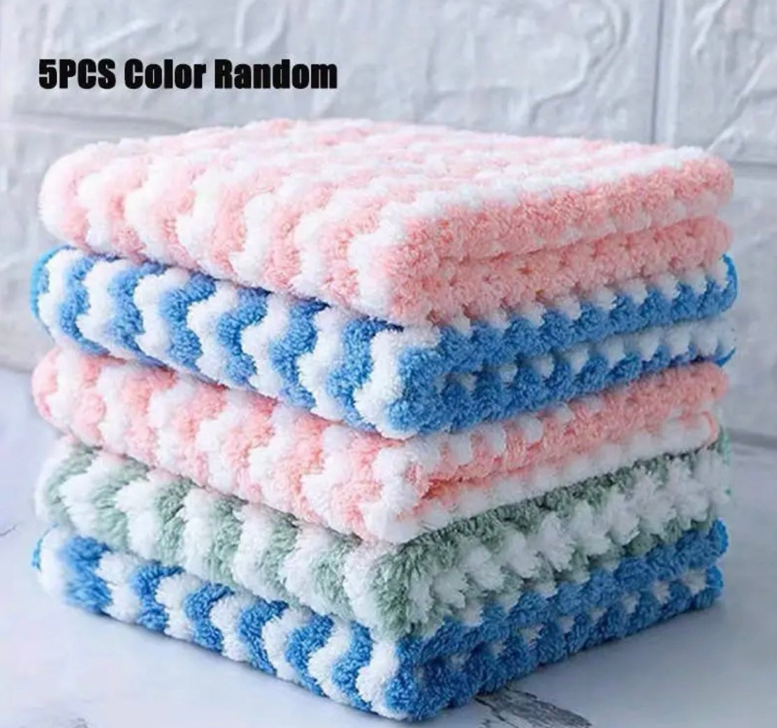 5 pcs Soft & Absorbent Kitchen Dish Clothes, Reusable/Machine Washable Coral Fleece Microfiber Multi-Use Towels