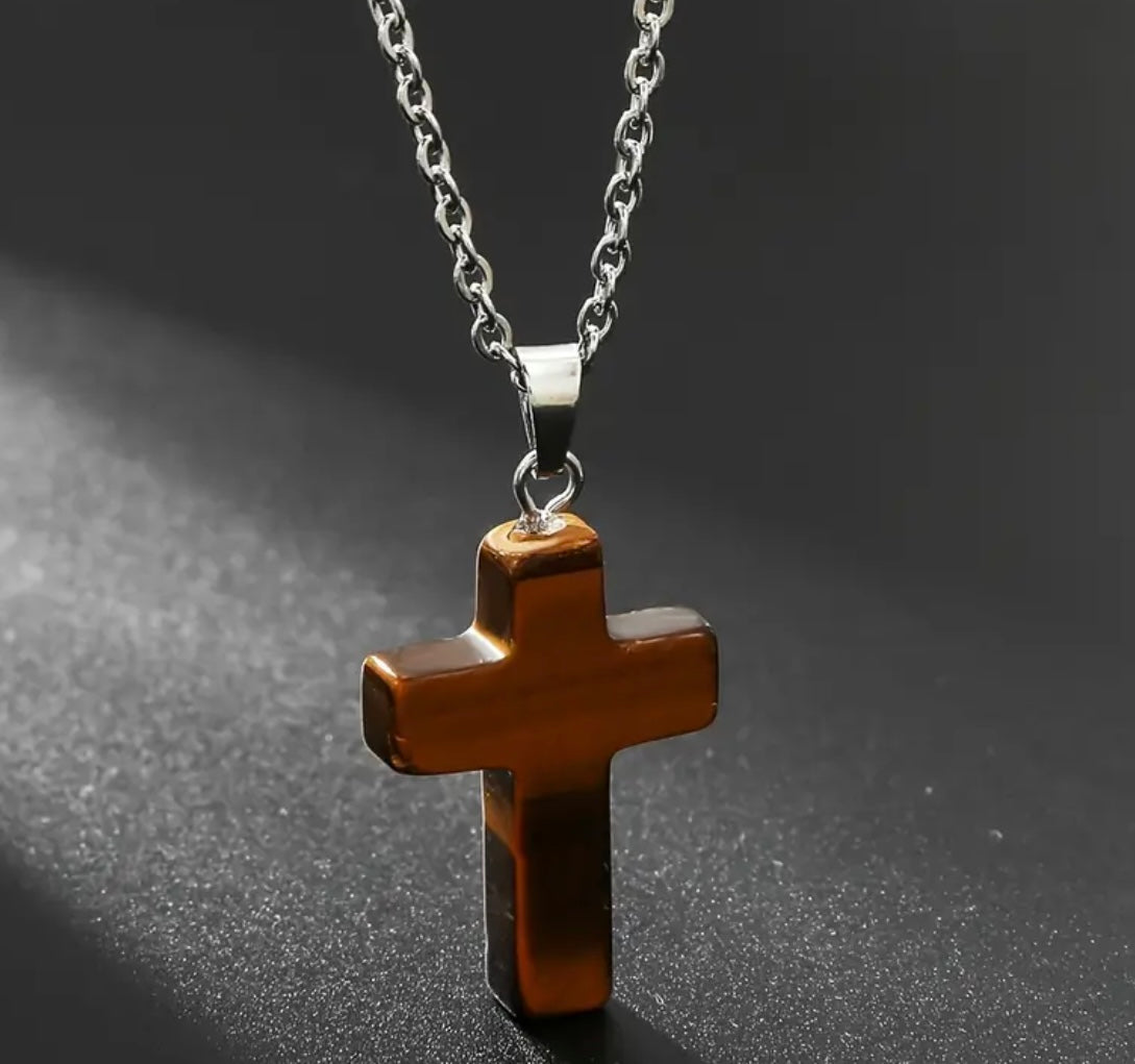 Natural Stone Cross Gemstone Pendant Necklace