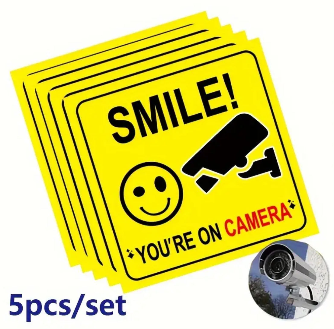 5 pc Smile Video Surveillance Safety Signs, Clearly Visible Camera Warning Signs