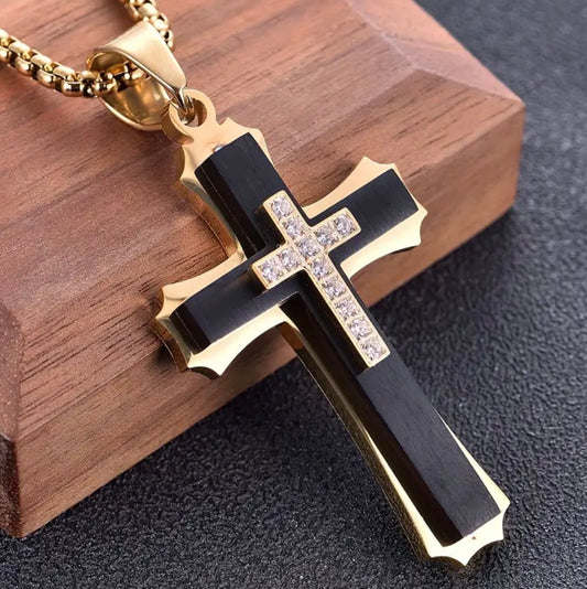 A 202 Stainless Steel Multi-Layer Cross Pendant with Rhinestones is a stylish men’s necklace