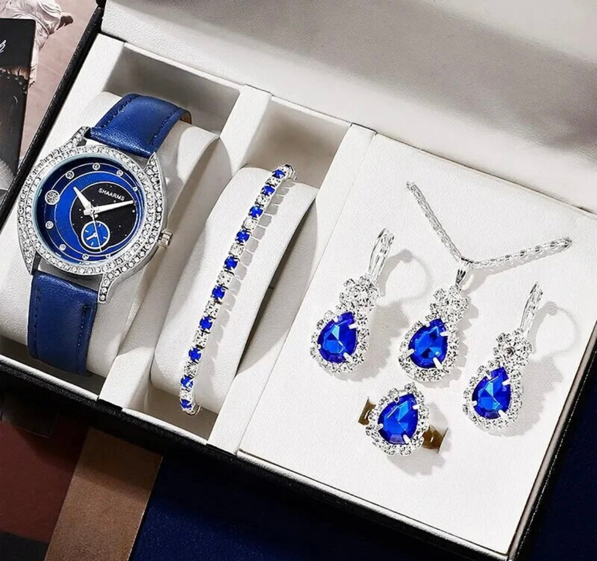 Luxury Fashion Jewelry Set 1 Watch 1 Ring 1 Pair of Earrings 1 Necklace and Pendant and 1 Bracelet Great Gift Set