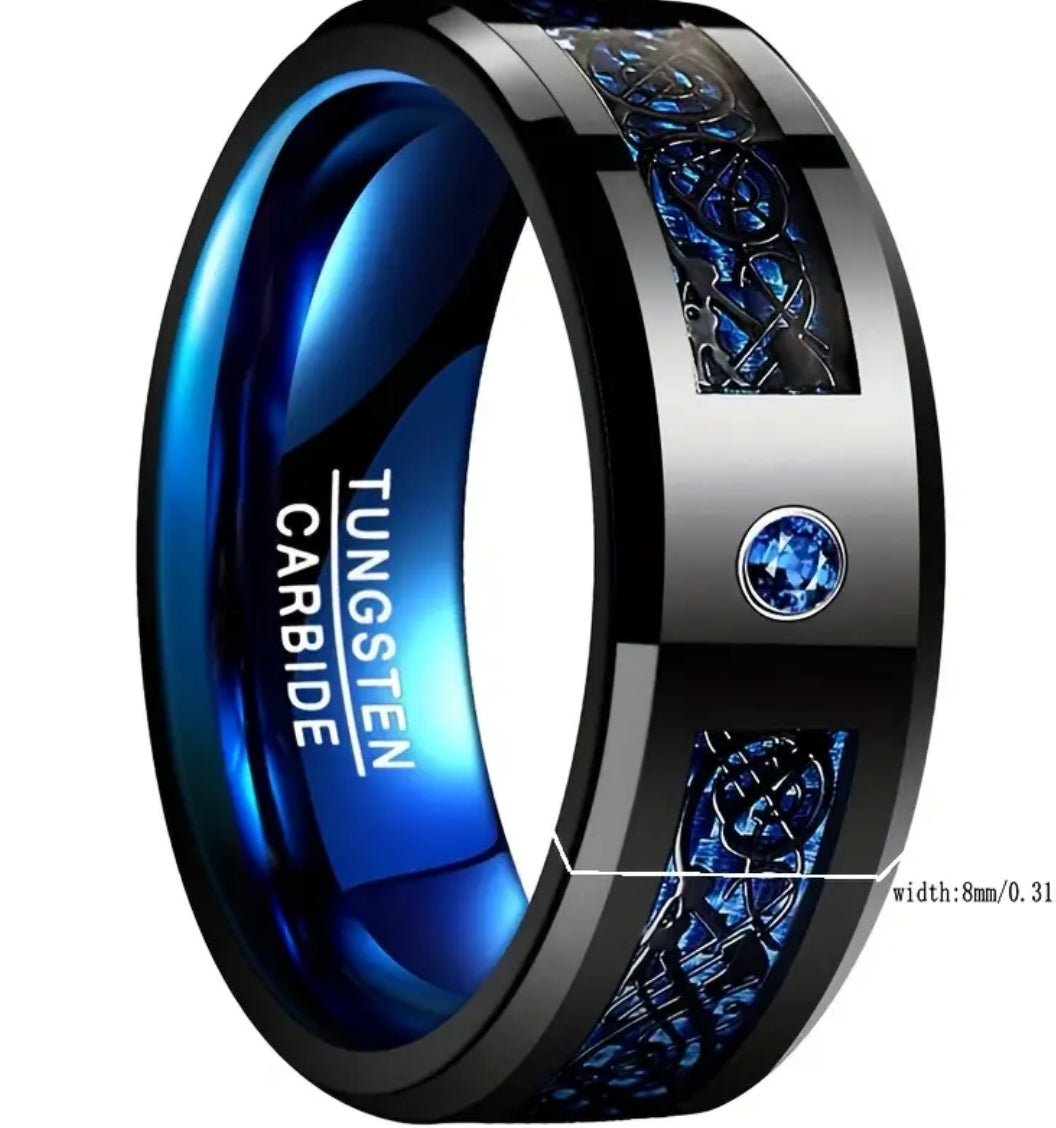 A 8mm wide inlaid Black Dragon Pattern Blue Carbon Fiber Mens Tungsten Ring