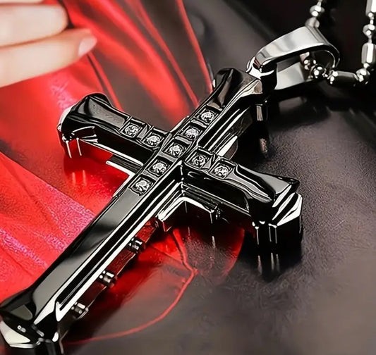 1 Piece Titanium Steel Cross Pendant Necklace With Zircon Inlaid for Men Classic Vintage Jewelry