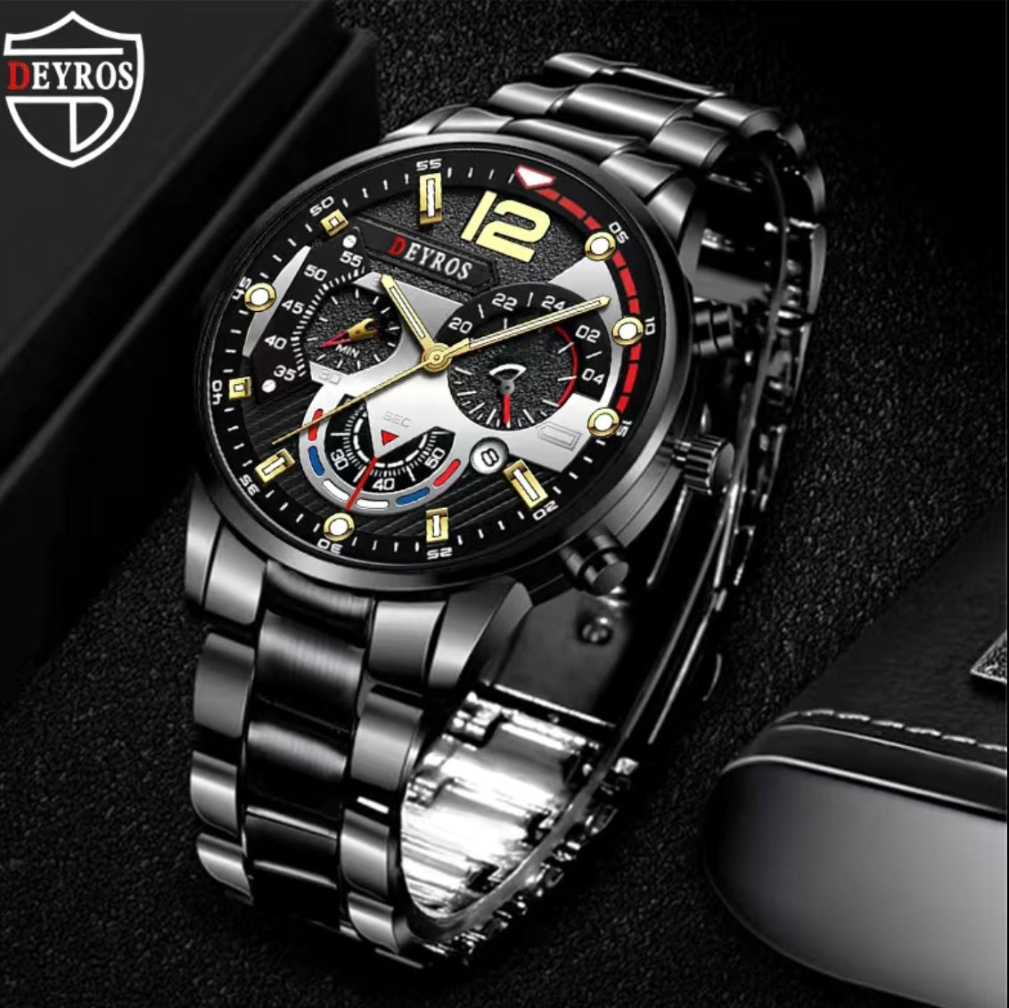 1 pc Black Stainless Steel Luxury Sports Watch Fashion Great Gift