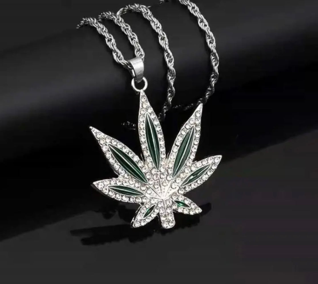 Custom Rhinestone Leaf Metal Pendant / Necklace