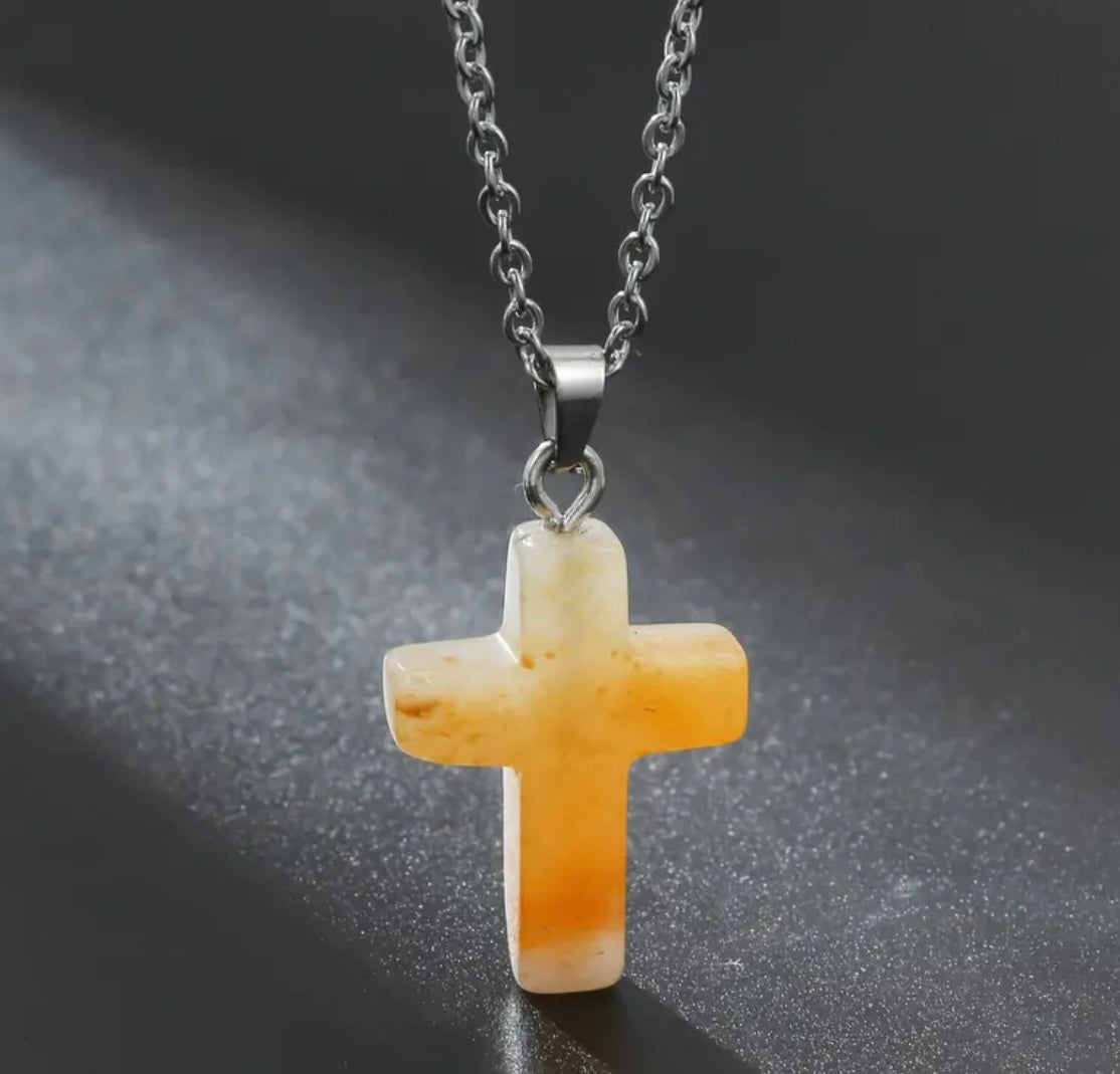 Natural Stone Cross Gemstone Pendant Necklace