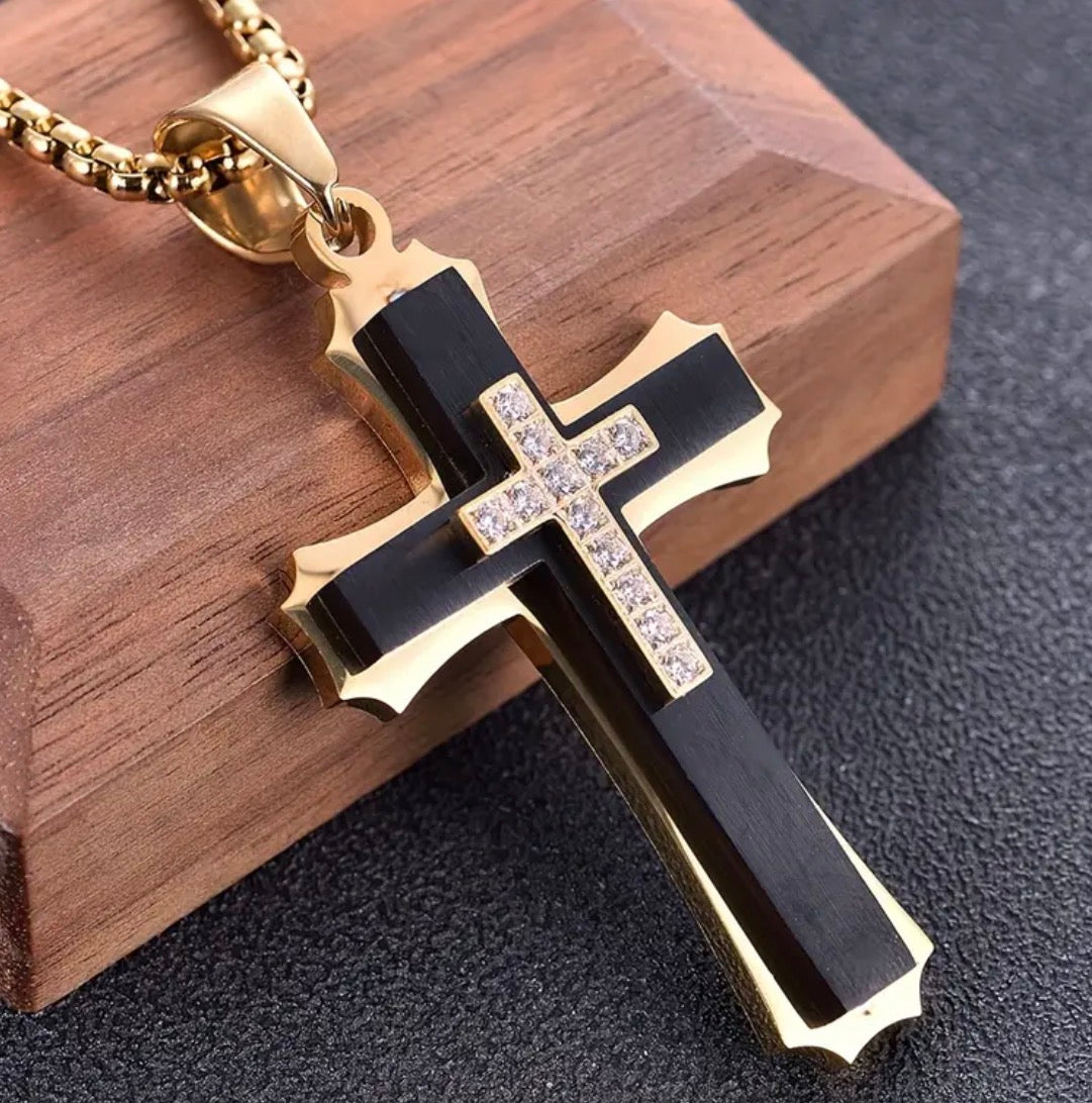 A 202 Stainless Steel Multi-Layer Cross Pendant with Rhinestones is a stylish men’s necklace