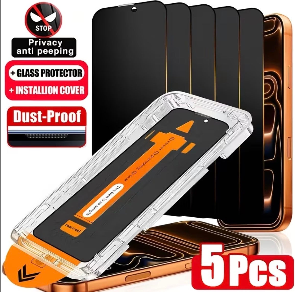 Get a set of five tempered glass screen protectors with full coverage privacy for your iPhone 17 Pro