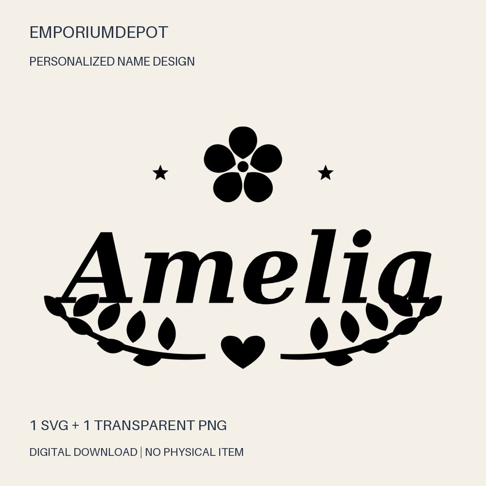 Amelia name SVG with flower, leaves and heart