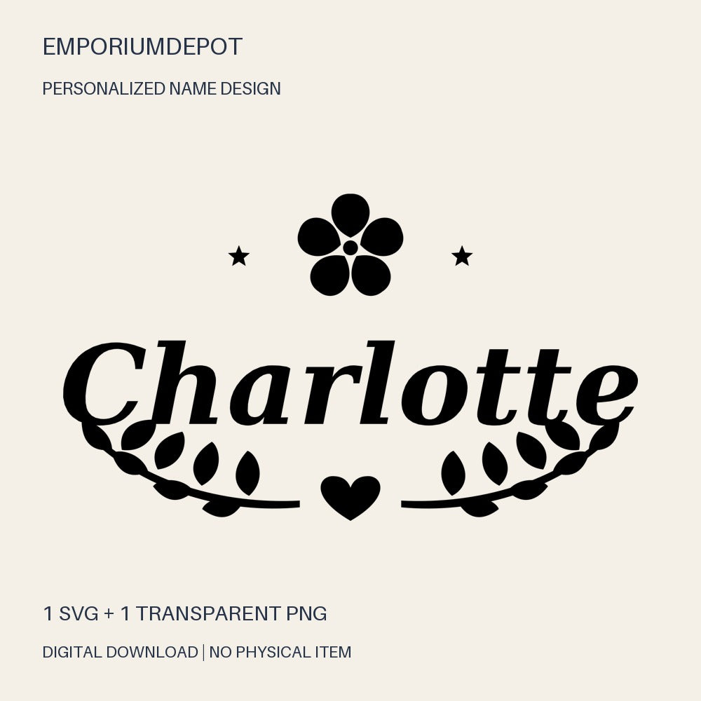 Charlotte name SVG with flower, leaves and heart