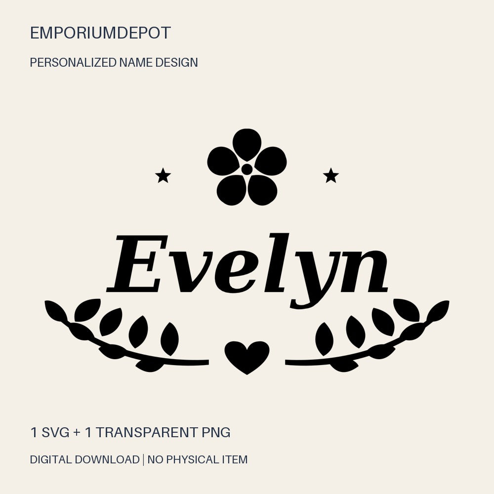 Evelyn name SVG with flower, leaves and heart