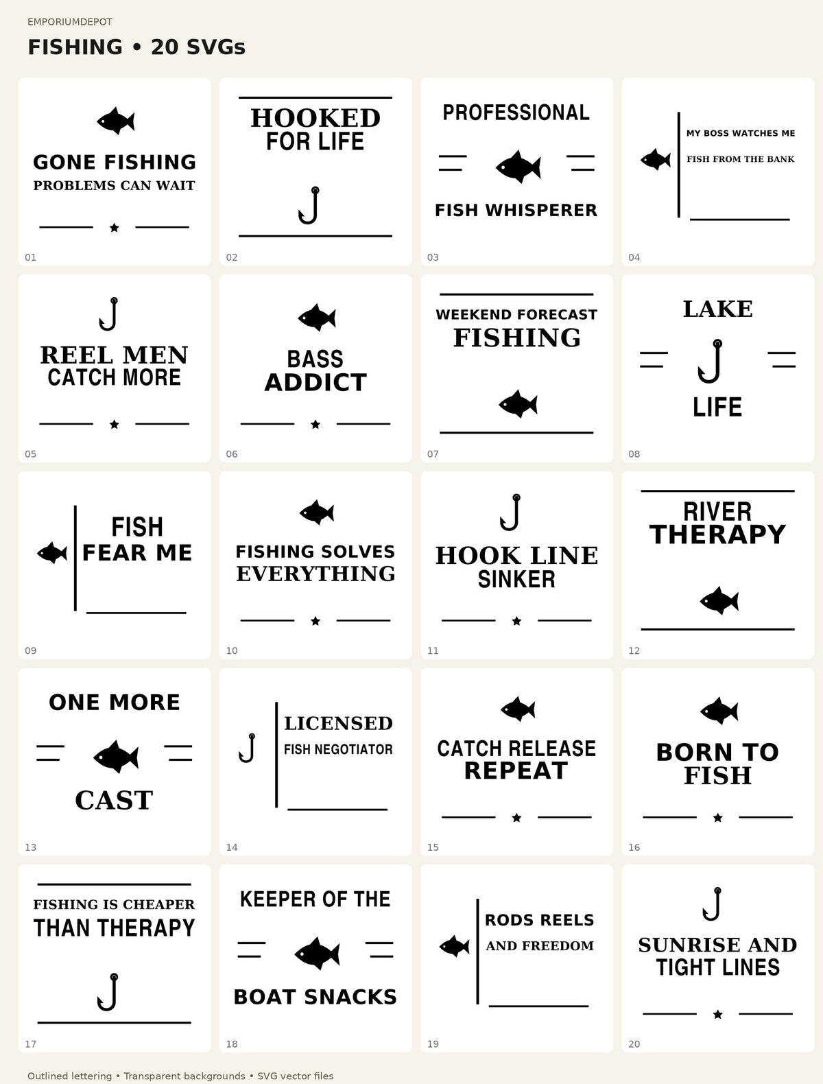 All 20 Fishing SVG designs included in the bundle