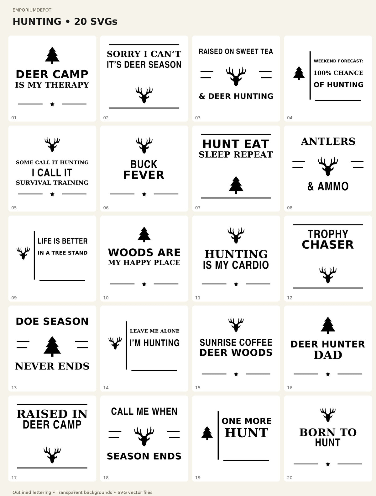 All 20 Hunting SVG designs included in the bundle