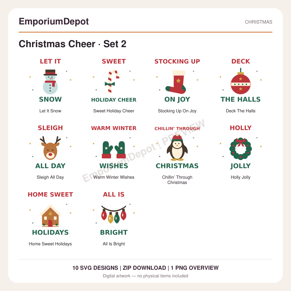 Christmas Cheer · Set 2 — preview of 10 SVG designs. Digital download; no physical item.