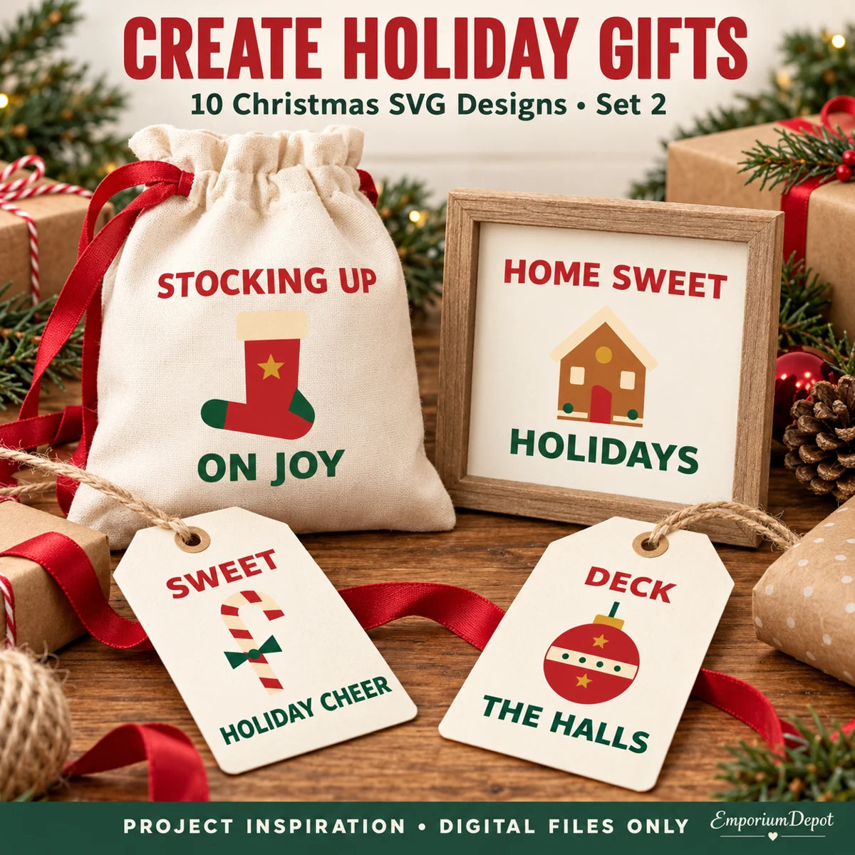 Cozy Christmas SVG bundle project inspiration. Finished items pictured are not included.