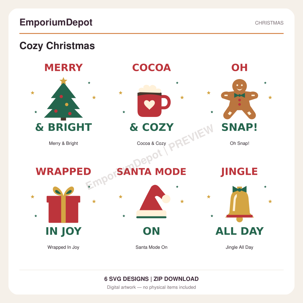 Cozy Christmas — preview of 6 SVG designs. Digital download; no physical item.