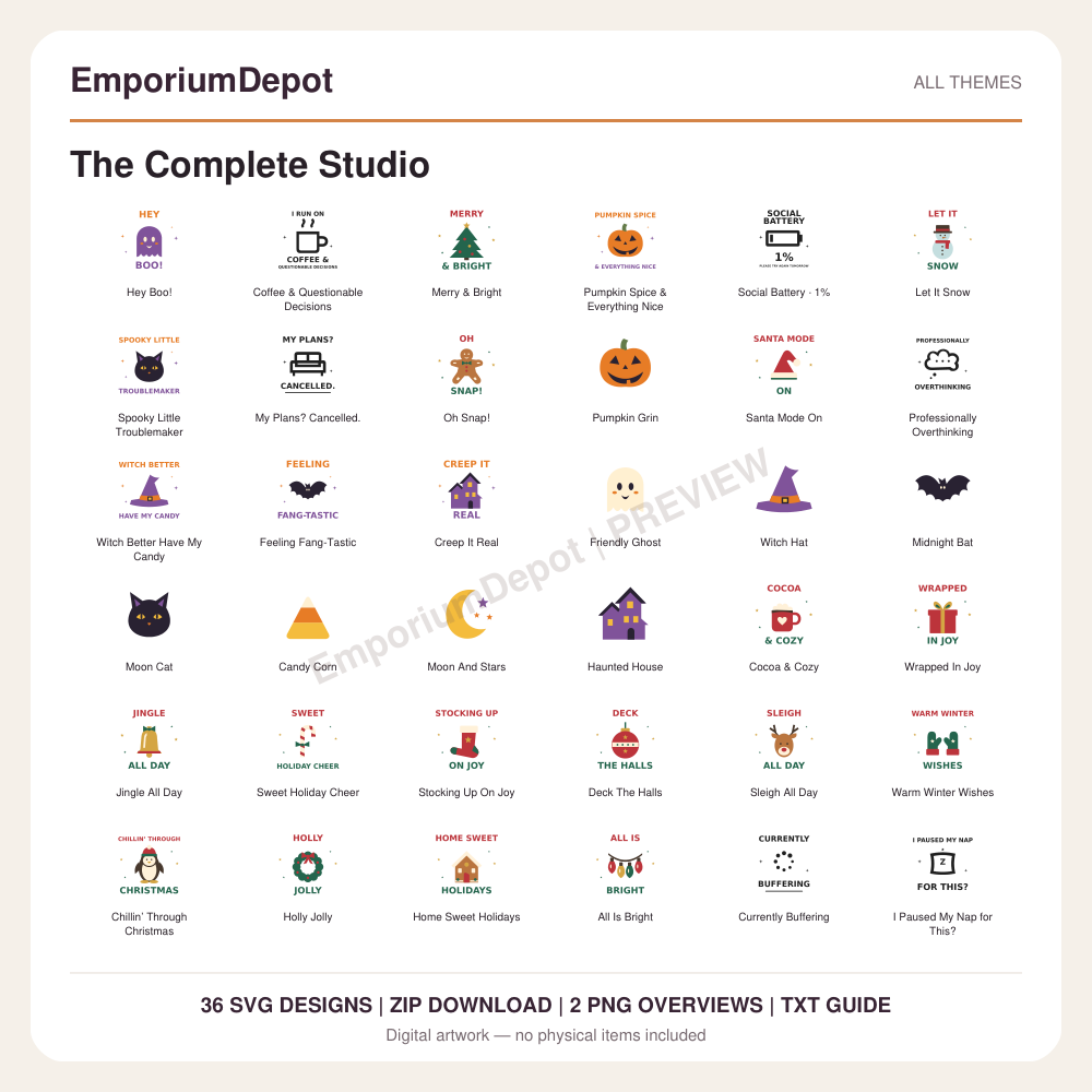 The Complete Studio — preview of 36 SVG designs. Digital download; no physical item.