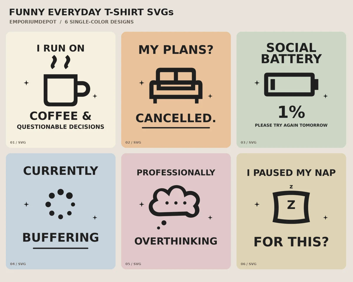 Everyday Funny SVG bundle project inspiration. Finished items pictured are not included.