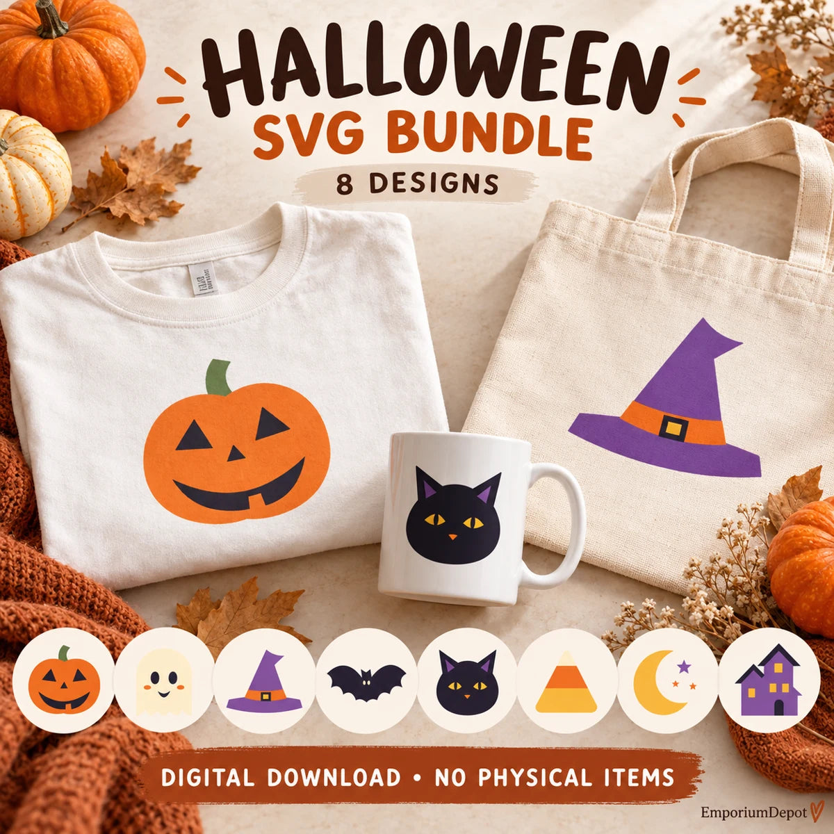 Halloween Essentials SVG bundle project inspiration. Finished items pictured are not included.