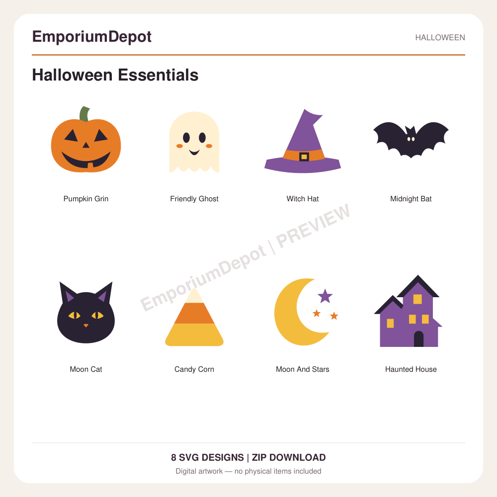 Halloween Essentials — preview of 8 SVG designs. Digital download; no physical item.