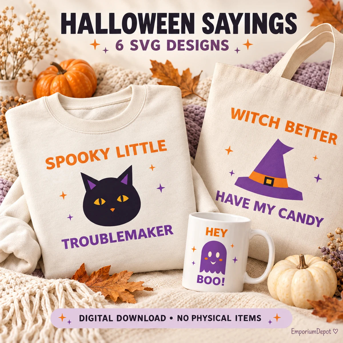 Spooky Sayings SVG bundle project inspiration. Finished items pictured are not included.