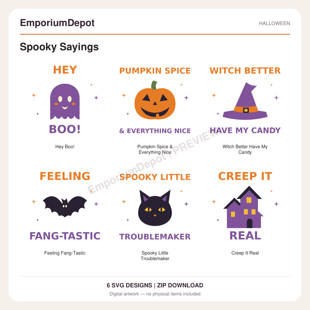 Spooky Sayings — preview of 6 SVG designs. Digital download; no physical item.