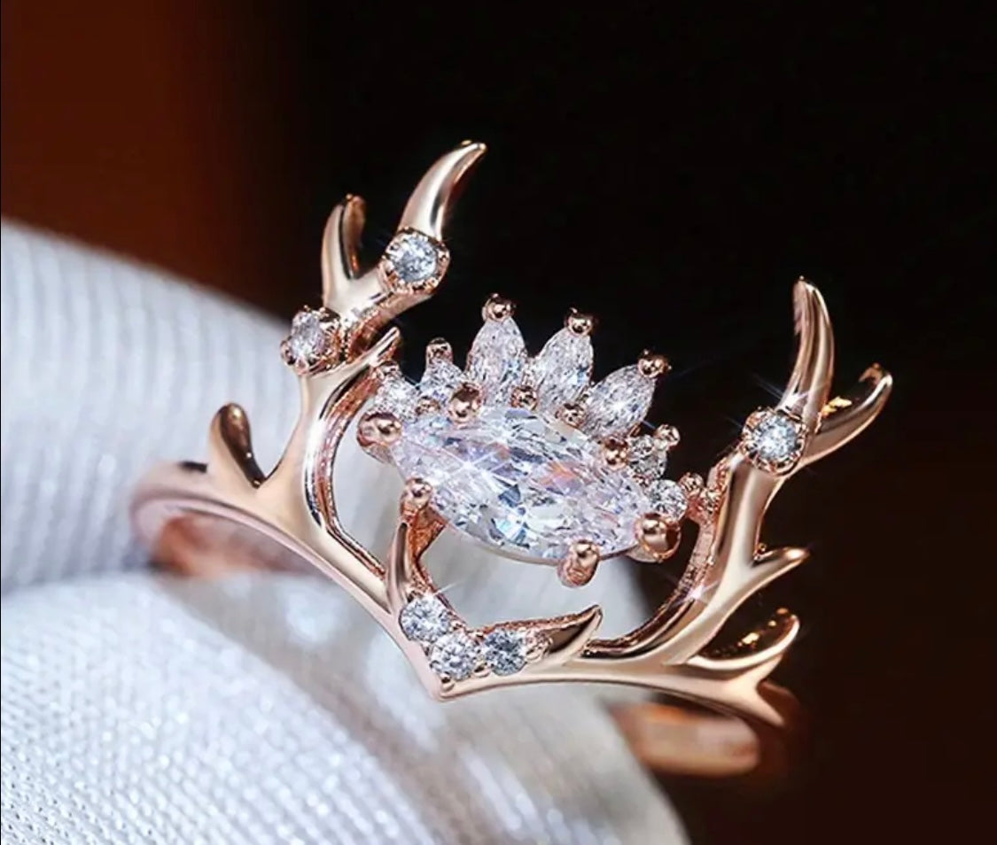 Custom made 14k Gold Plated Deer Antlers Ring CZ