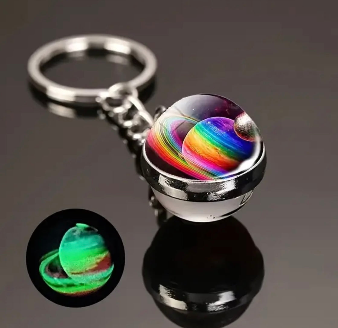 Galactic Glow Glass Keychain, Colorful Swirls, Luminous Space Orbit Design, Durable Metal Keyring Unique