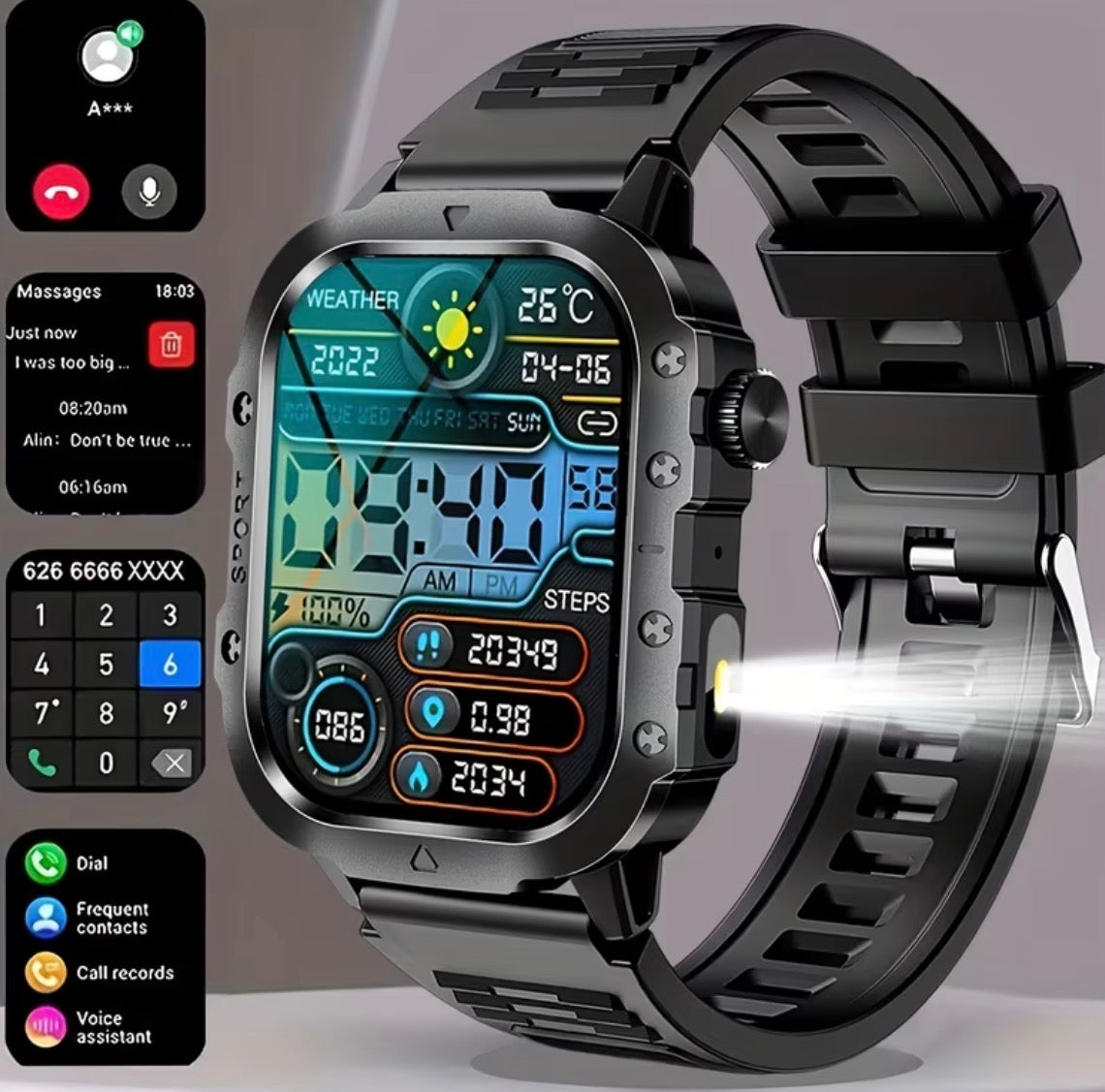 New Smart Watch 2.01 inch Large Screen LED Flashlight Fitness Tracker Compatible with iPhone or Android