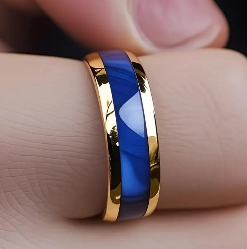 Modern Elegant Blue Marbled Design Polished Golden Tone 304 Stainless Steel