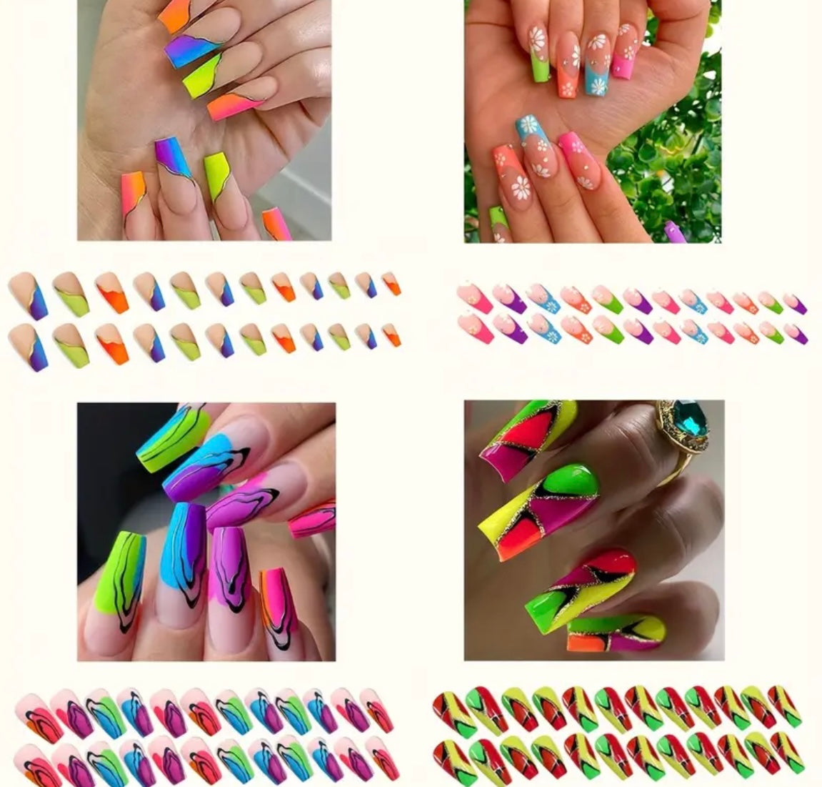 96 pcs (4 Packs) Floral Press on Nails With Rhinestones, med Ballet Shape With a Glossy Finish