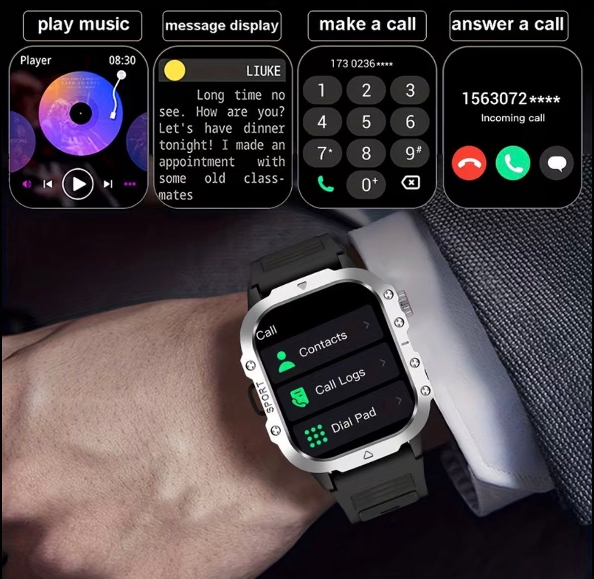 New Smart Watch 2.01 inch Large Screen LED Flashlight Fitness Tracker Compatible with iPhone or Android