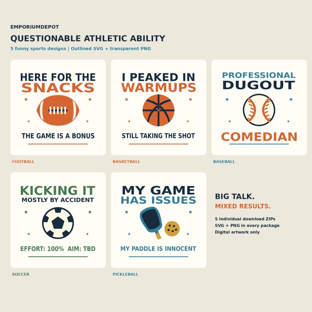 Funny Sports SVG Bundle — 5 Designs with Transparent PNGs