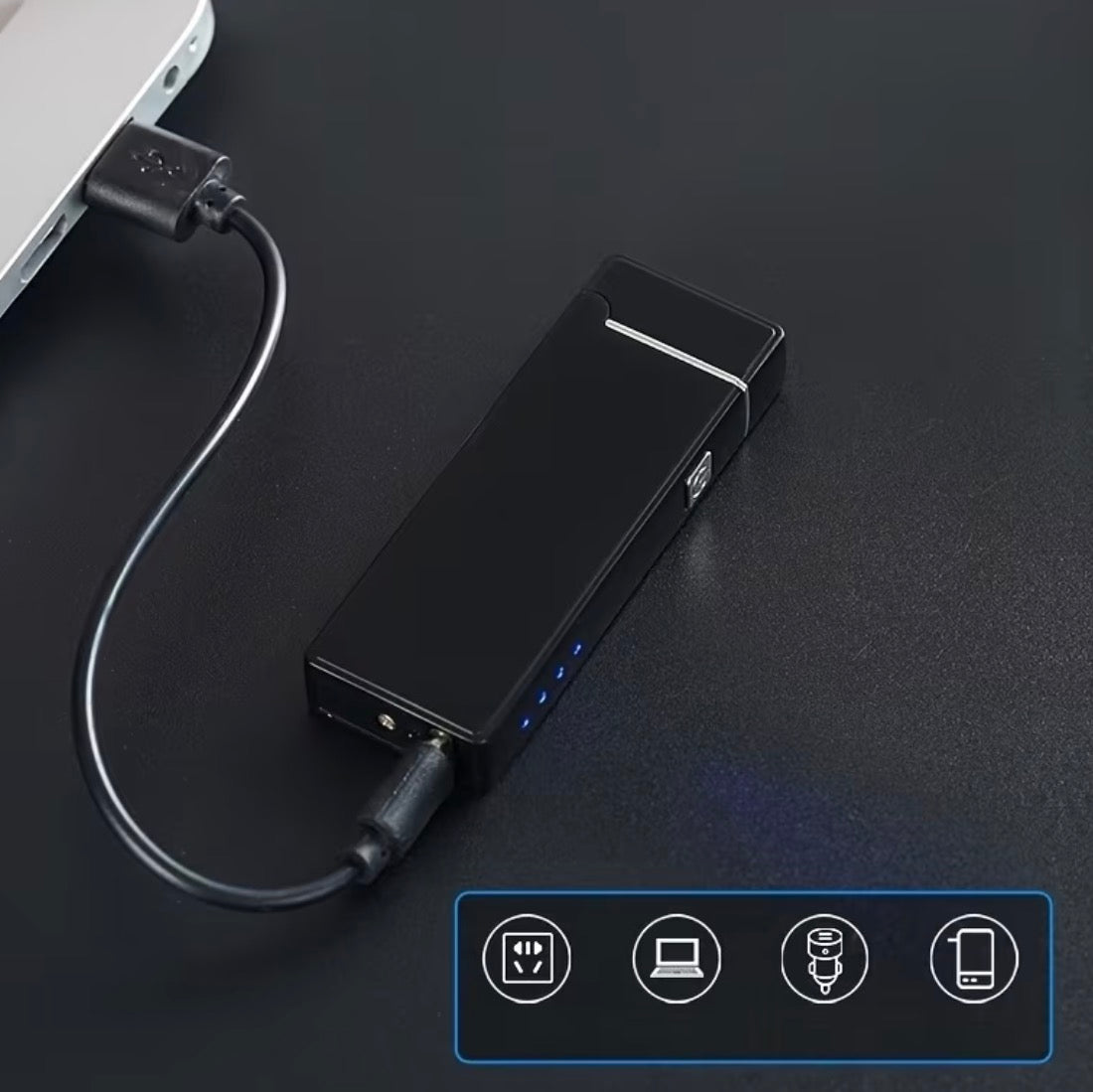 Black electronic lighter shown charging by USB