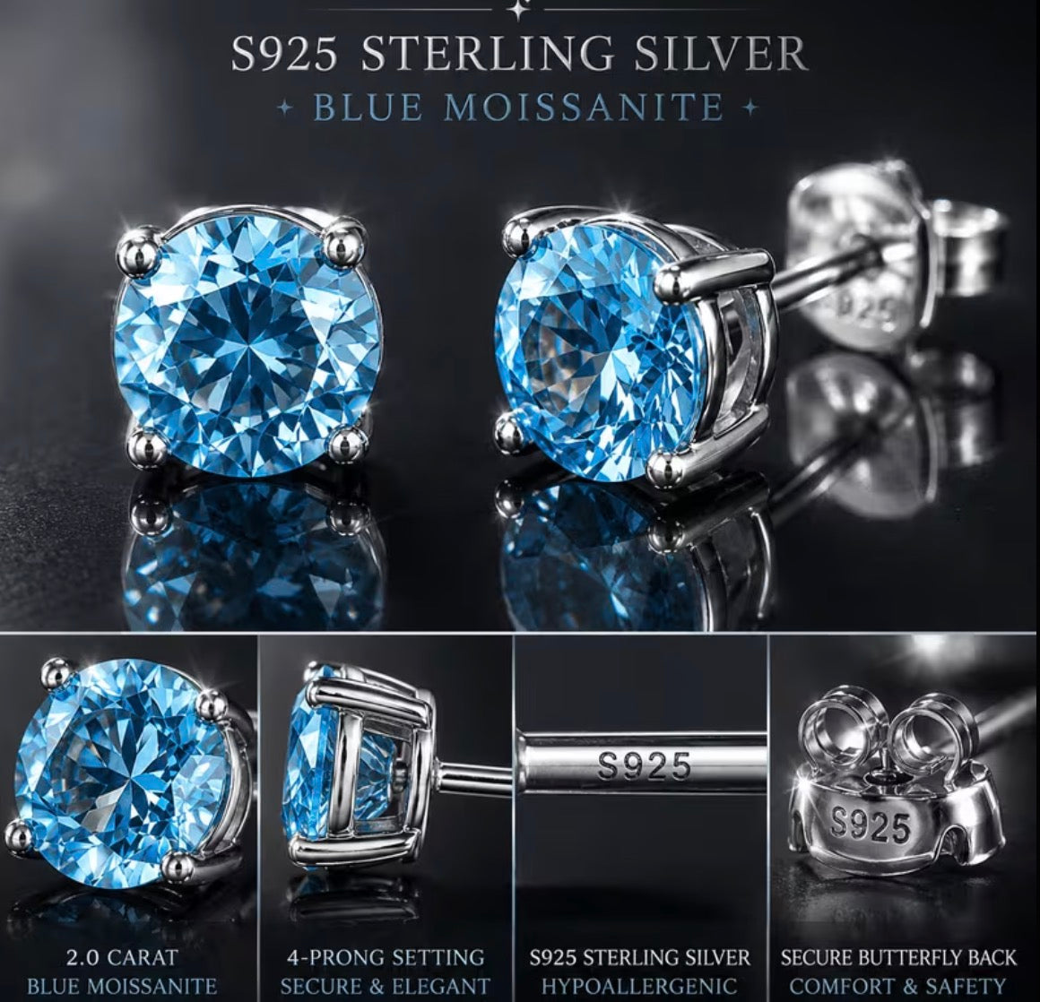 Earring details showing S925 markings and butterfly backs